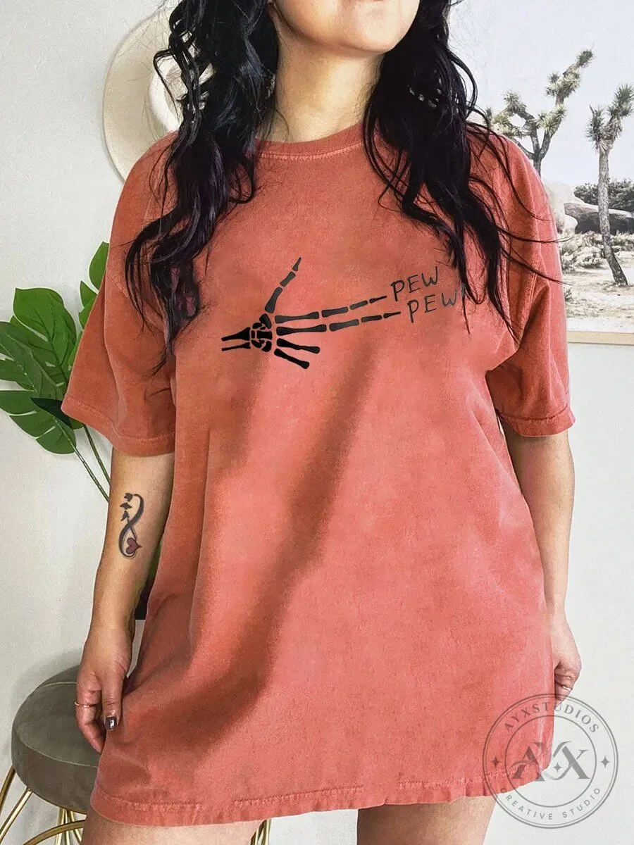 Pew Pew Skeleton Hand Funny Halloween Costume T-Shirt