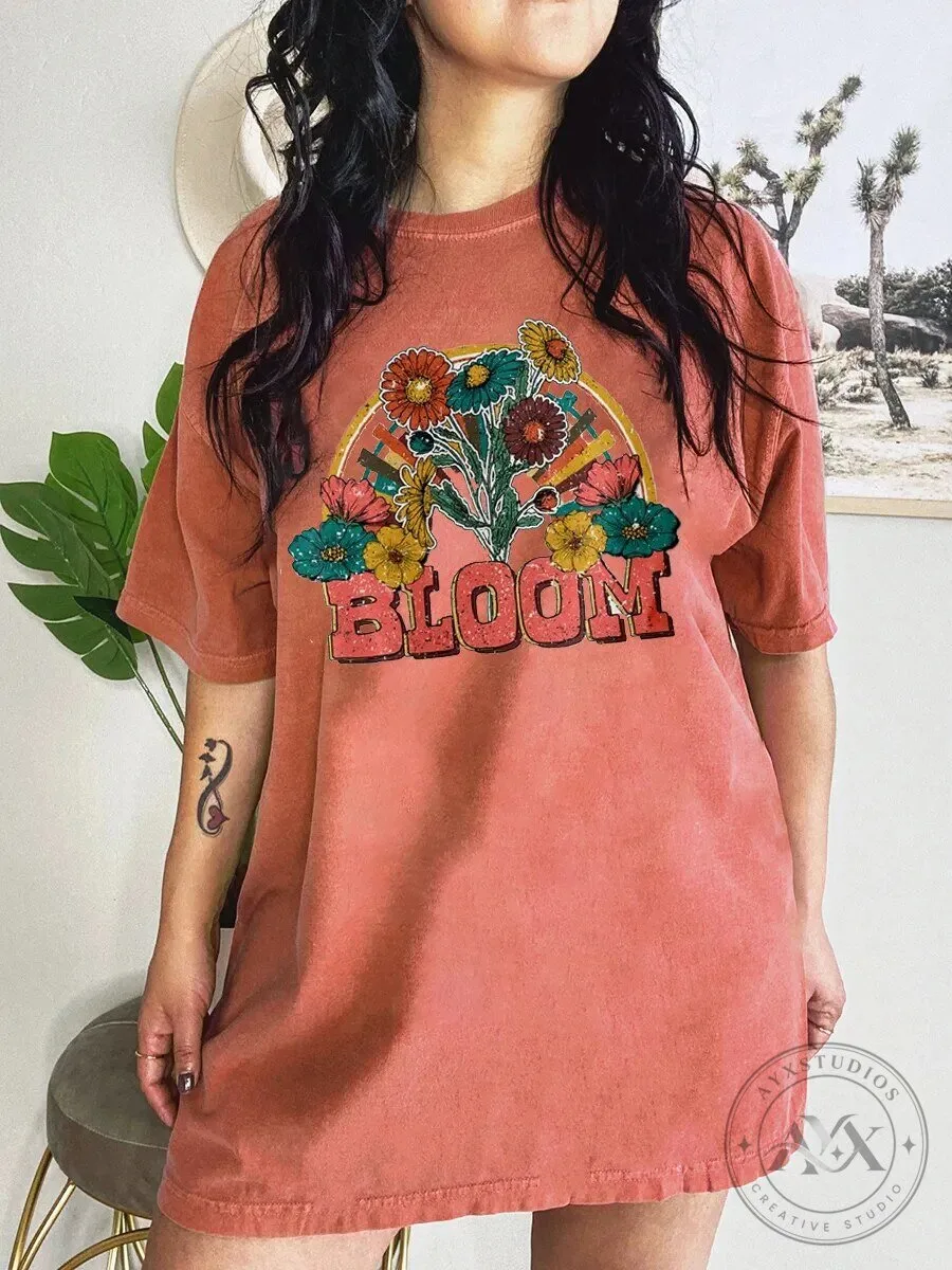 Bloom Retro Floral Rainbow Graphic Oversized T-Shirt