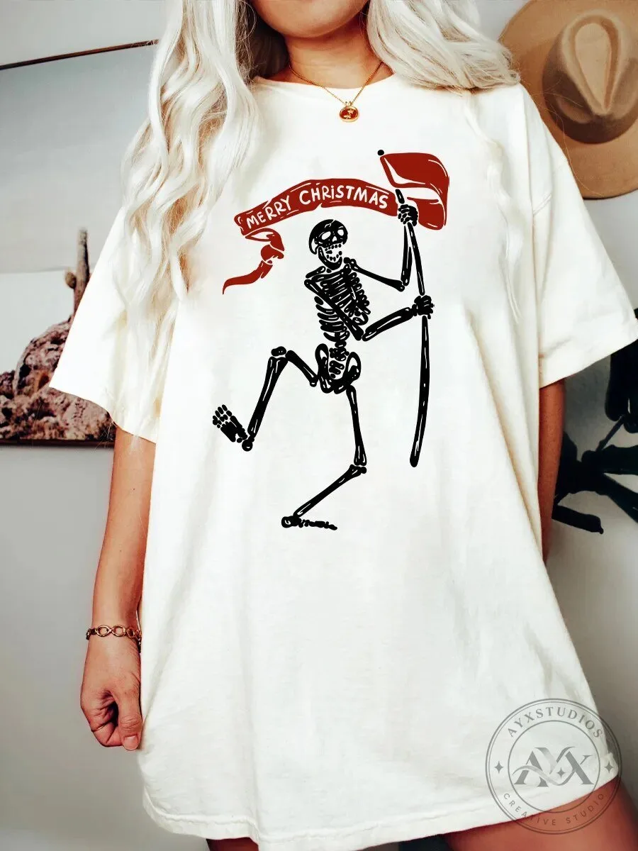 Merry Christmas Skeleton Holding Flag Holiday Graphic T-Shirt