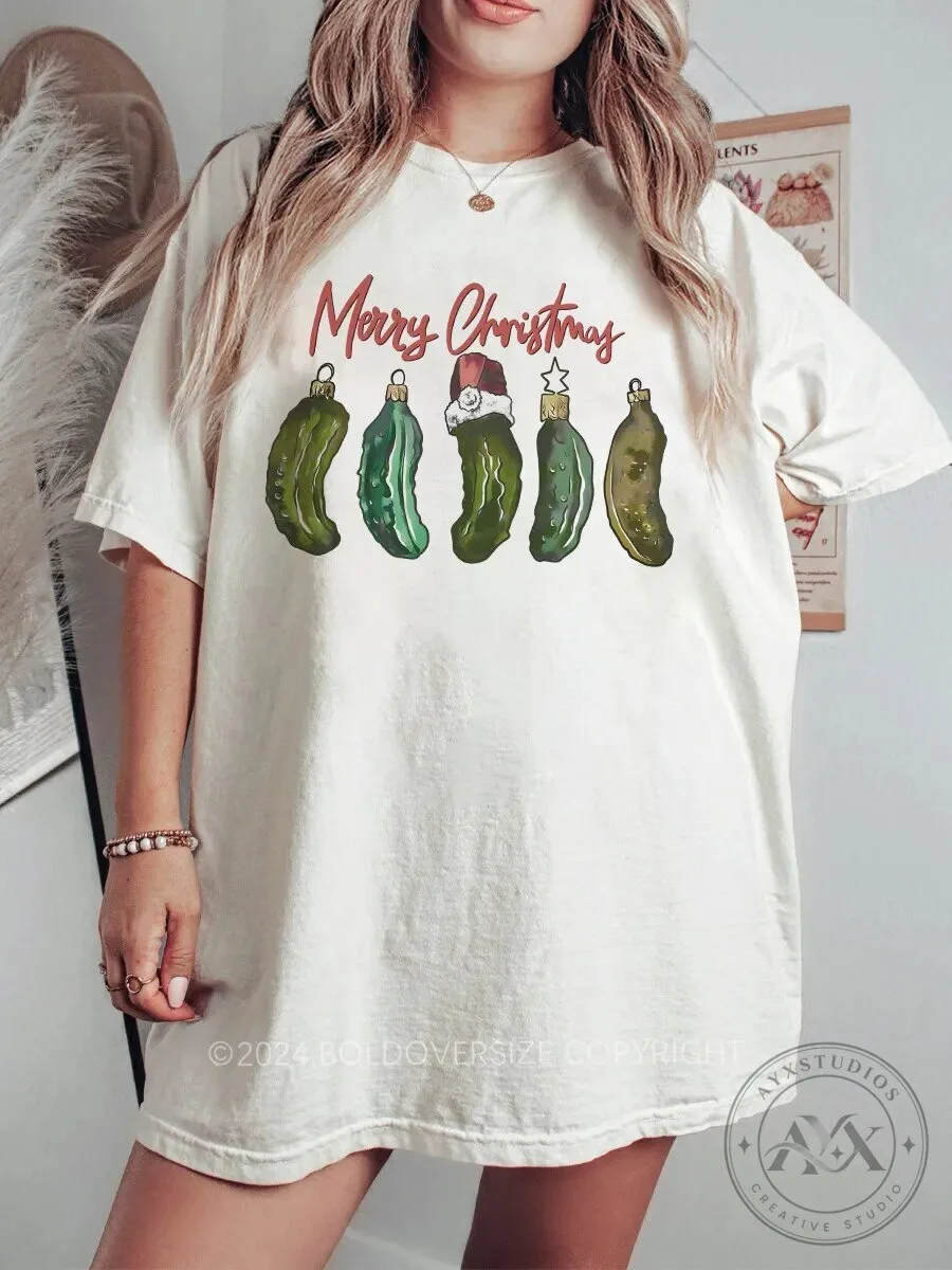 Merry Christmas Pickle T-Shirt, Funny Holiday Cucumber Tee, Vintage Christmas Gift