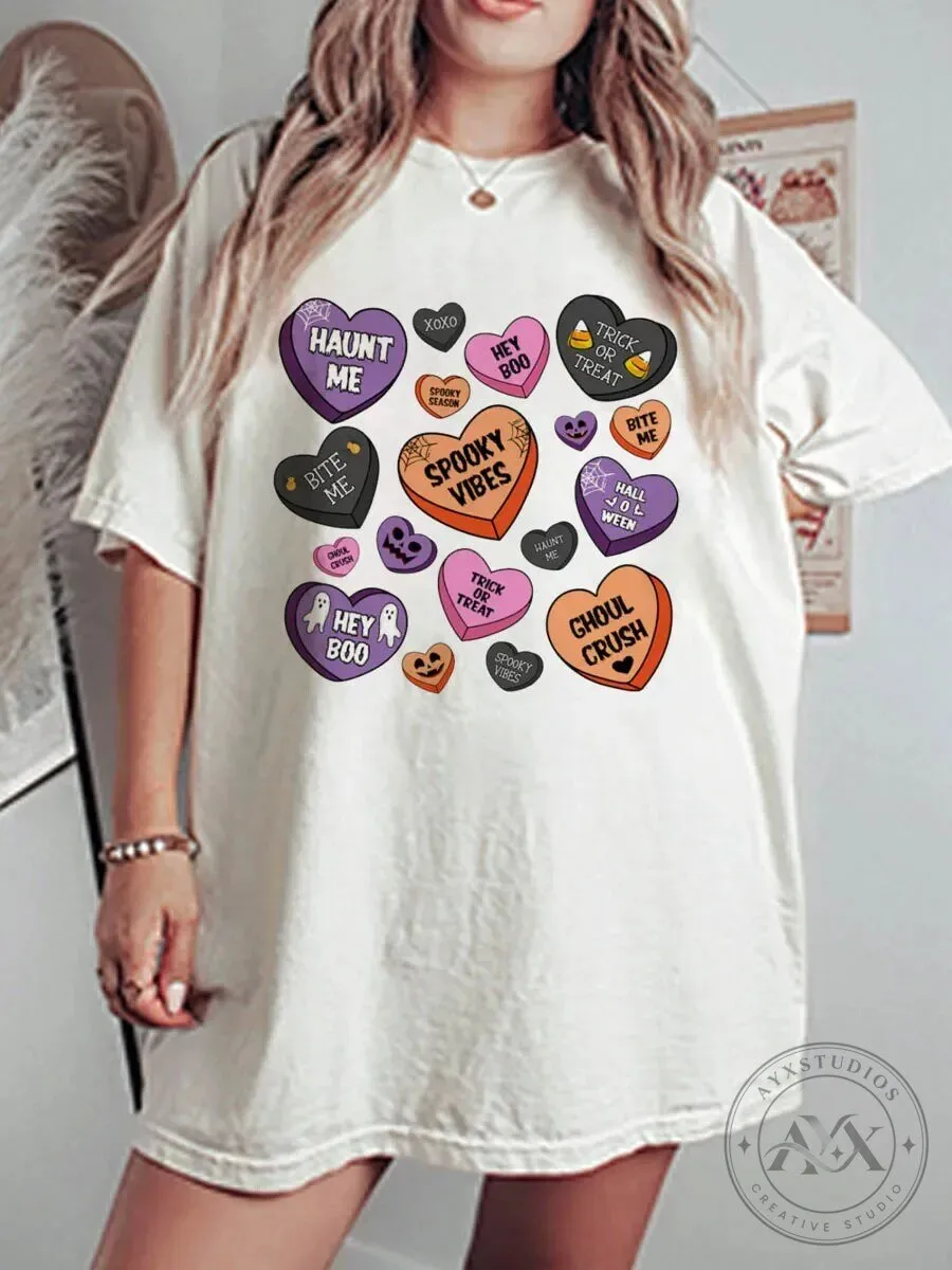 Halloween Graphic Tee Spooky Vibes Candy Hearts Oversized T-Shirt 5 Halloween Graphic Tee Spooky Vibes Candy Hearts Oversized T-Shirt