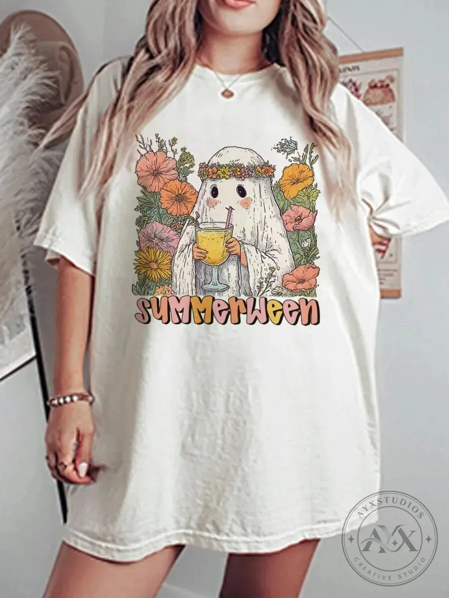 Summerween Ghost Halloween Graphic T-Shirt Vintage Floral Drink Design 2 Summerween Ghost Halloween Graphic T-Shirt Vintage Floral Drink Design