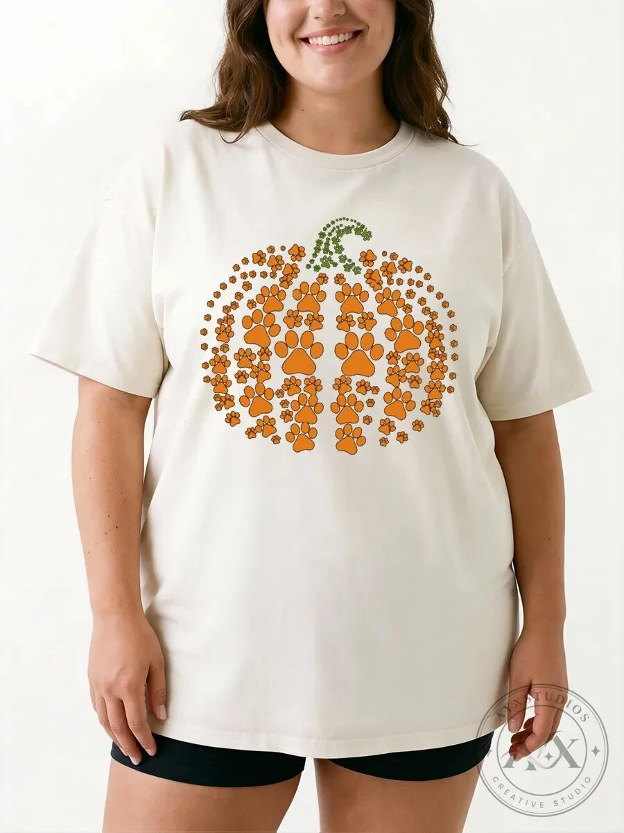 Halloween Graphic Tee Vintage Paw Print Pumpkin Oversized T-Shirt 5 Halloween Graphic Tee Vintage Paw Print Pumpkin Oversized T-Shirt
