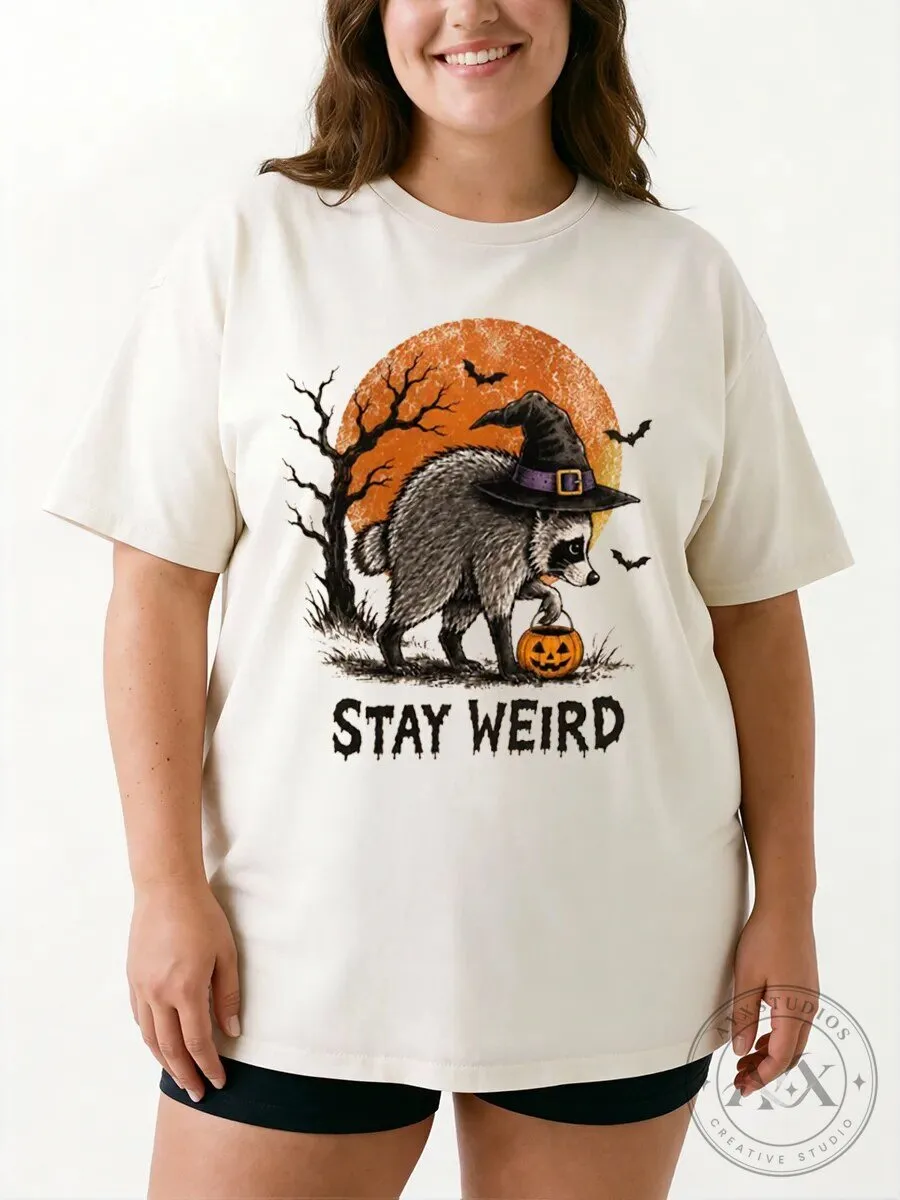 Halloween Graphic Tee Stay Weird Raccoon Witch Hat Pumpkin Vintage T-Shirt 1 Halloween Graphic Tee Stay Weird Raccoon Witch Hat Pumpkin Vintage T-Shirt