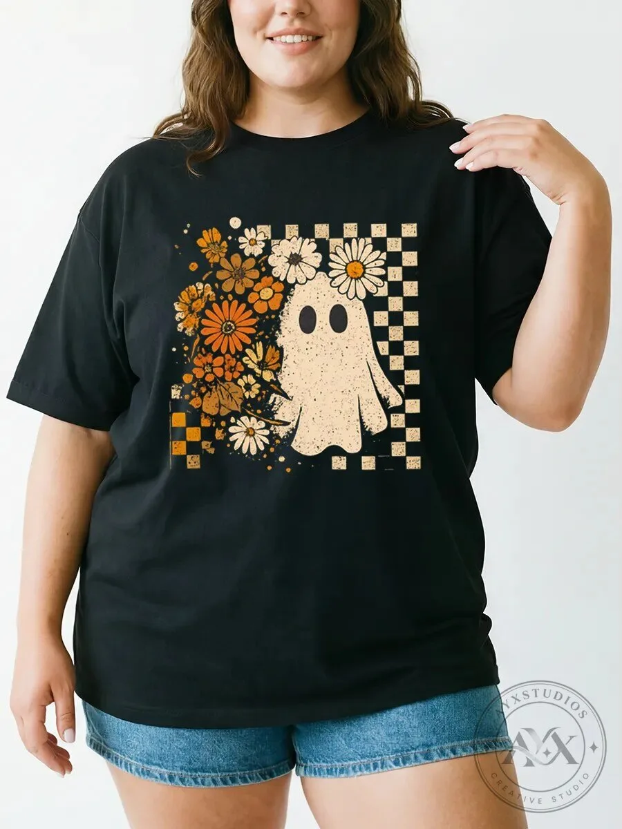 Halloween Graphic Tee Vintage Floral Cute Ghost Oversized T-Shirt 2 Halloween Graphic Tee Vintage Floral Cute Ghost Oversized T-Shirt