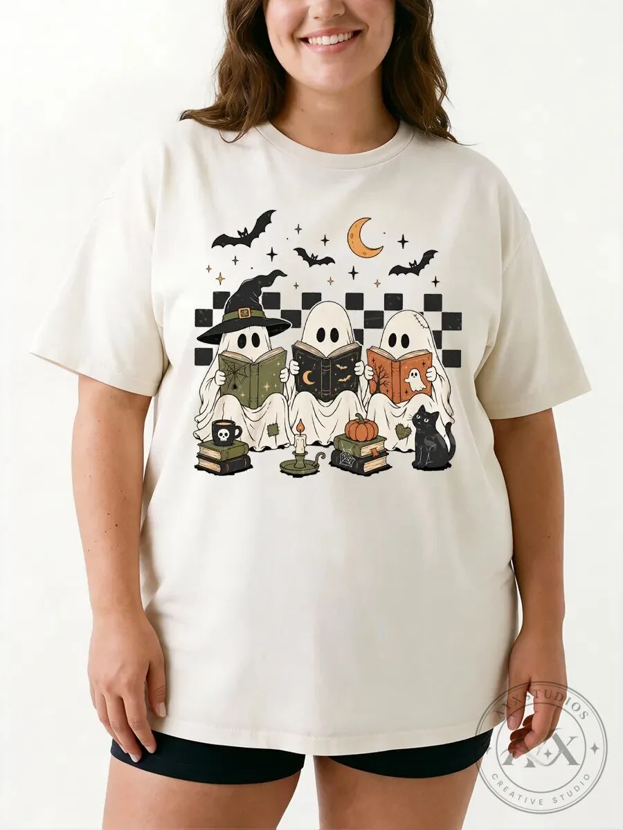 Halloween Graphic Tee Vintage Spooky Ghost Reading Books Oversized T-Shirt 5 Halloween Graphic Tee Vintage Spooky Ghost Reading Books Oversized T-Shirt