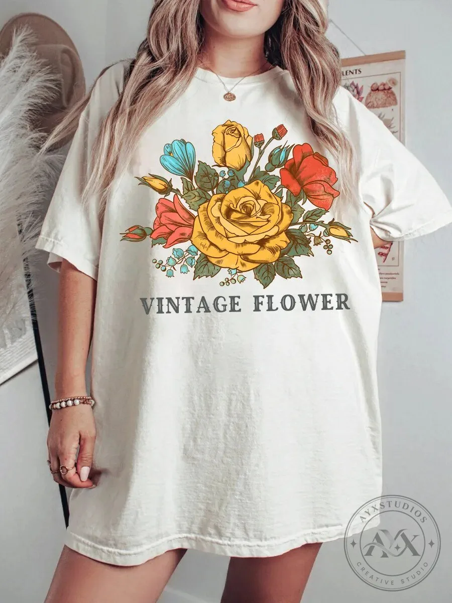 Vintage Flower Bouquet Graphic Oversized T-Shirt for Women 1 Vintage Flower Bouquet Graphic Oversized T-Shirt for Women